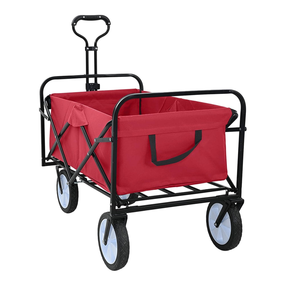 red folding shopping trolley with black frame and wheels, fully assembled