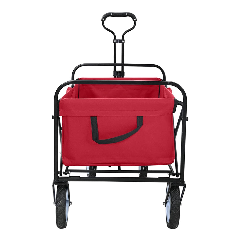 red folding shopping trolley with black frame and wheels, front view