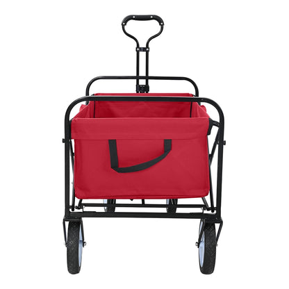 red folding shopping trolley with black frame and wheels, front view