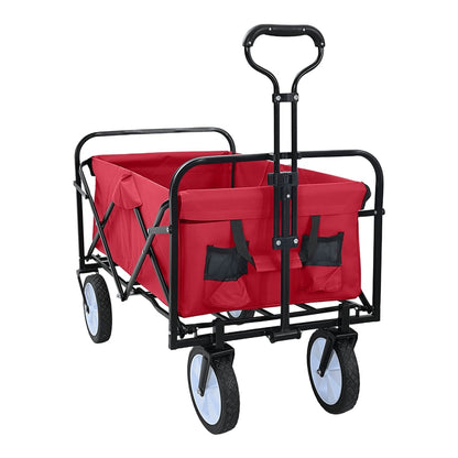 red folding shopping trolley with black frame, showing side pockets