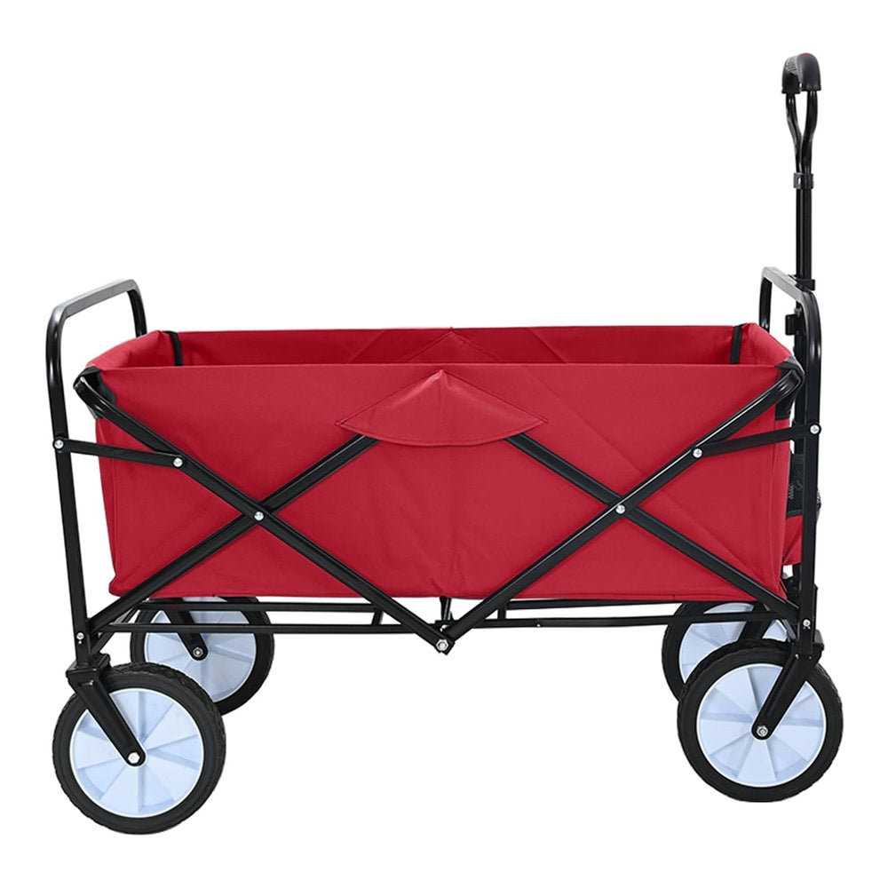 red folding shopping trolley with black frame and wheels, side view