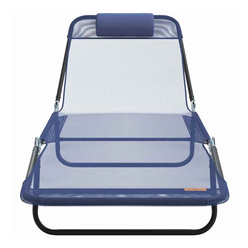 Back view of the navy blue folding sun lounger showing mesh fabric