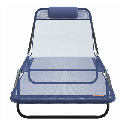 Back view of the navy blue folding sun lounger showing mesh fabric