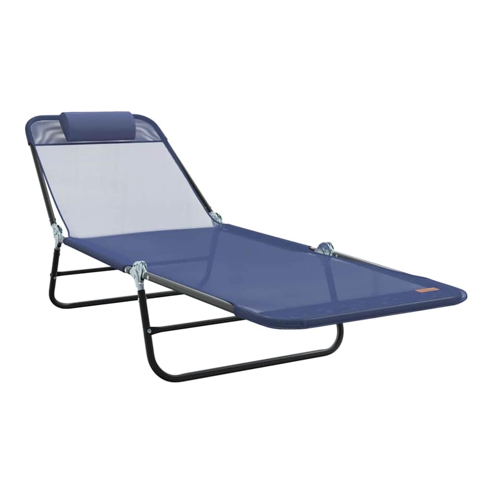 Navy blue folding sun lounger with headrest on a patio