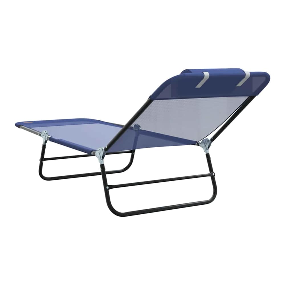 Navy blue folding sun lounger from a low angle showing the frame