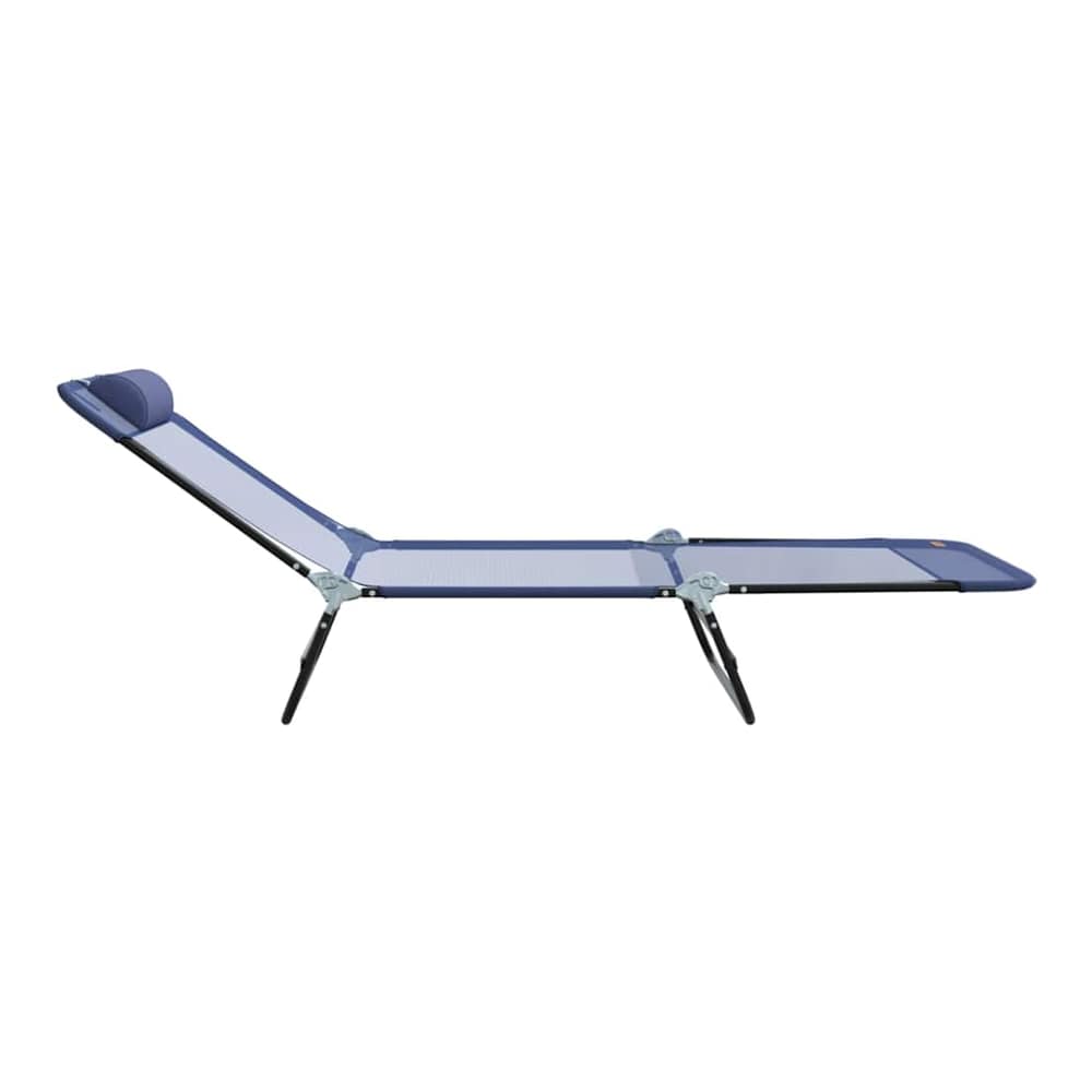 Navy blue folding sun lounger in a reclined position on a patio