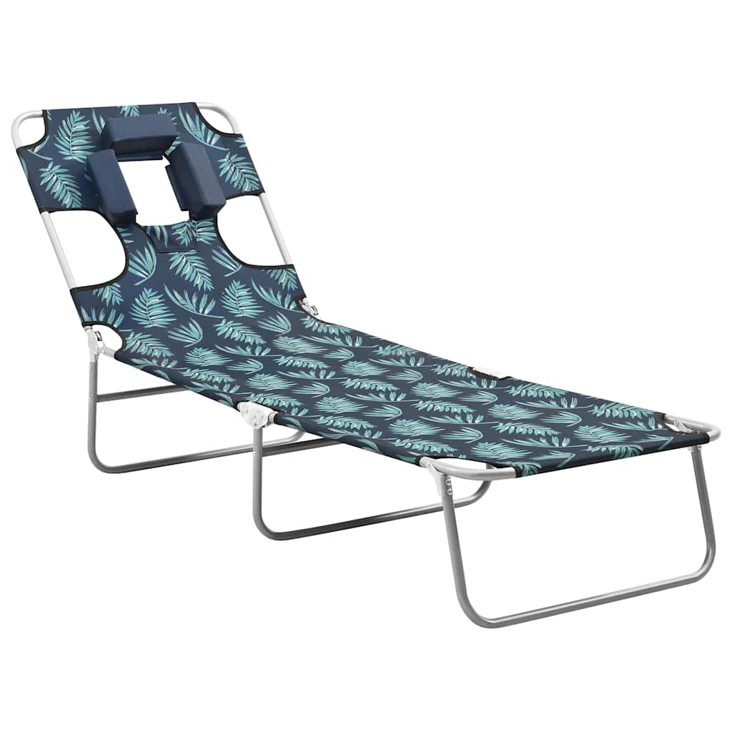 Folding Sun Lounger with Head Cushion Steel Leaves Print in a three-quarter view