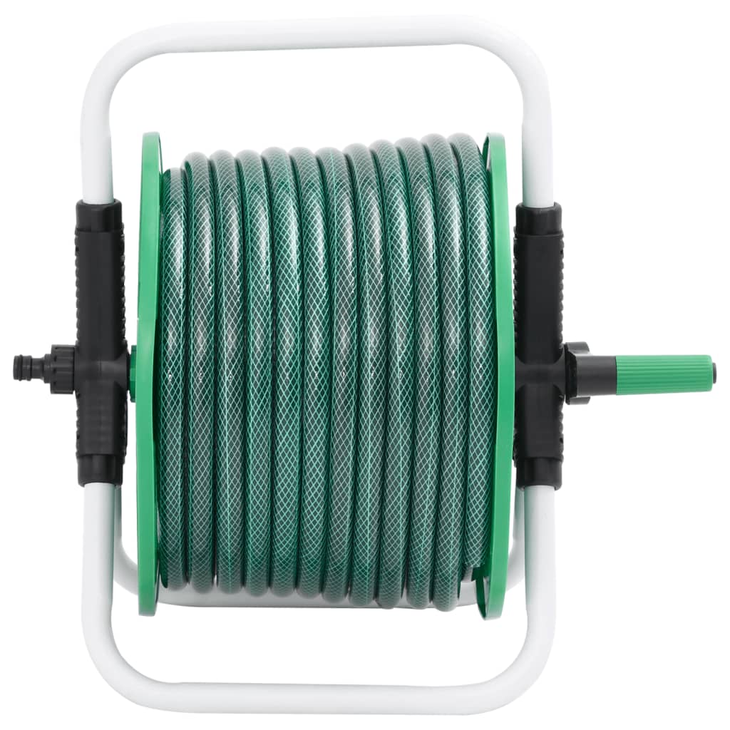 A green hose reel with a white frame, showing the coiled green hose and black fittings