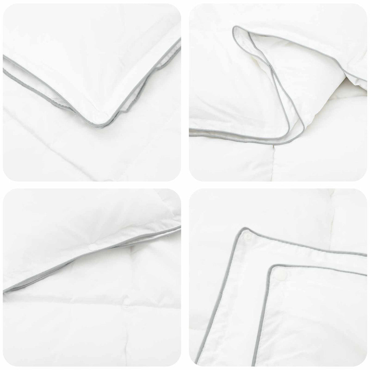 Close up views of the white bamboo fiber duvet stitching and edging