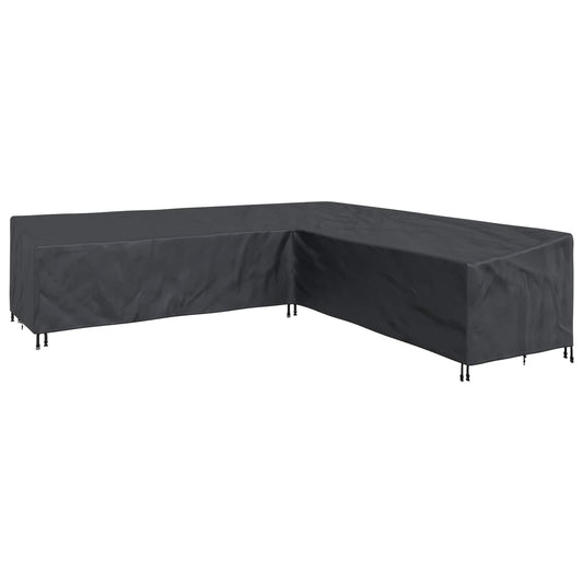 The L-shaped outdoor furniture cover is shown from a side angle on a wooden deck