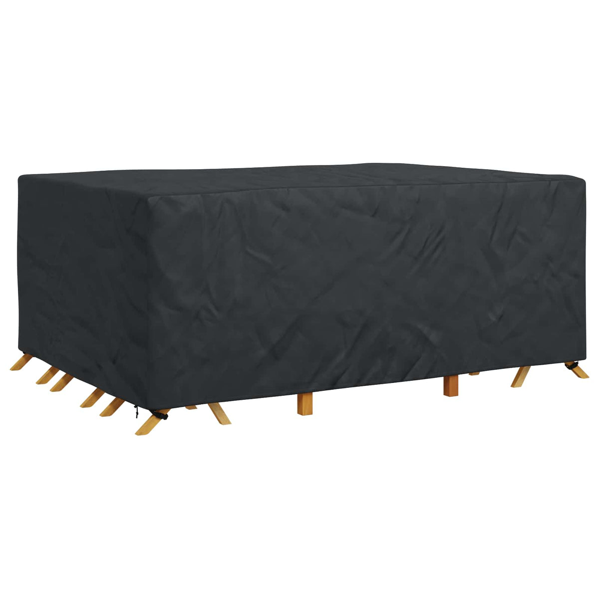 a black outdoor furniture cover is draped over a table, showing its shape