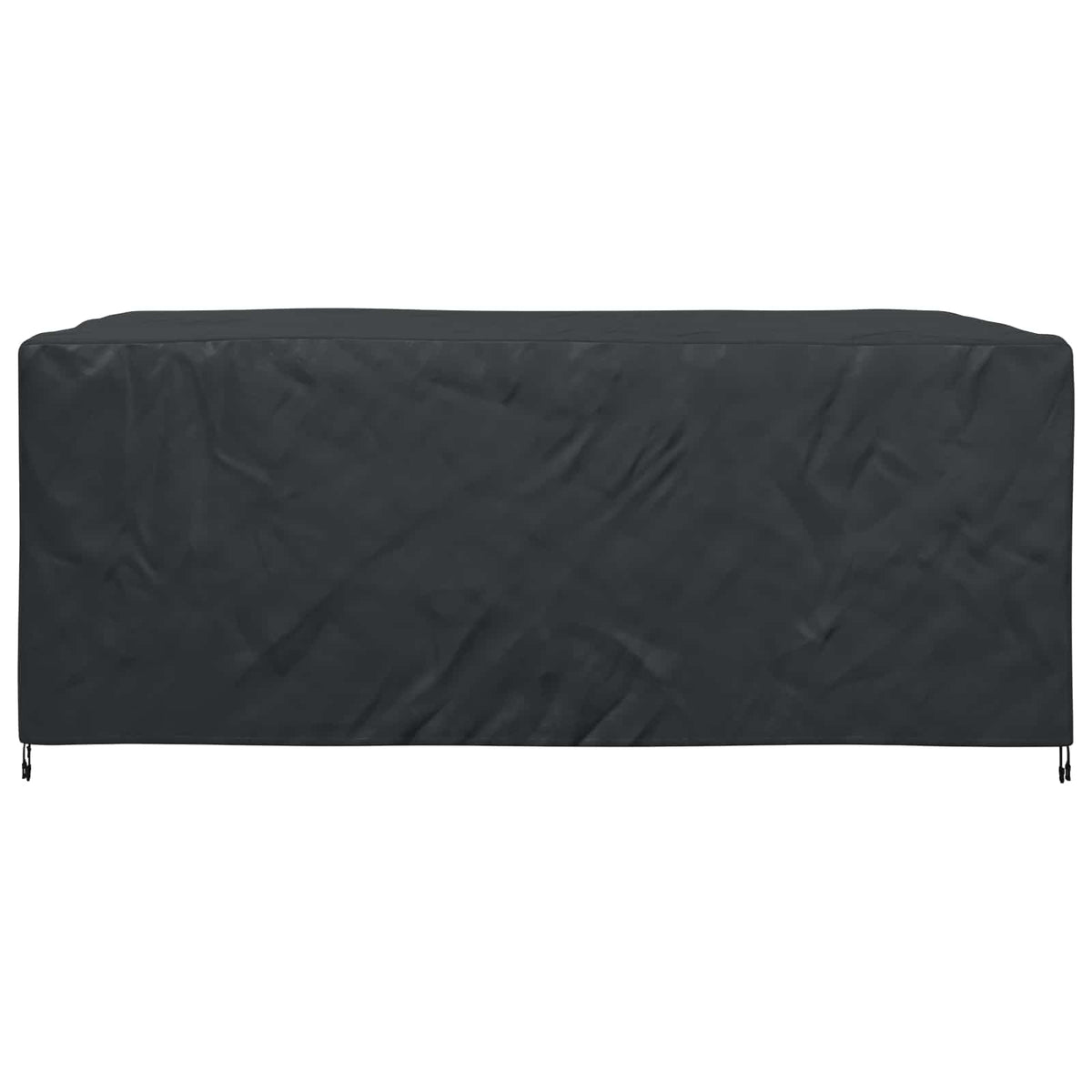the plain black outdoor furniture cover is shown from the front, with ties visible