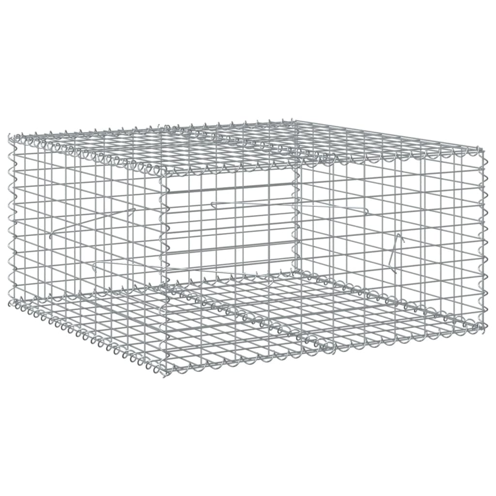 galvanised iron gabion basket with a hinged lid viewed from the back