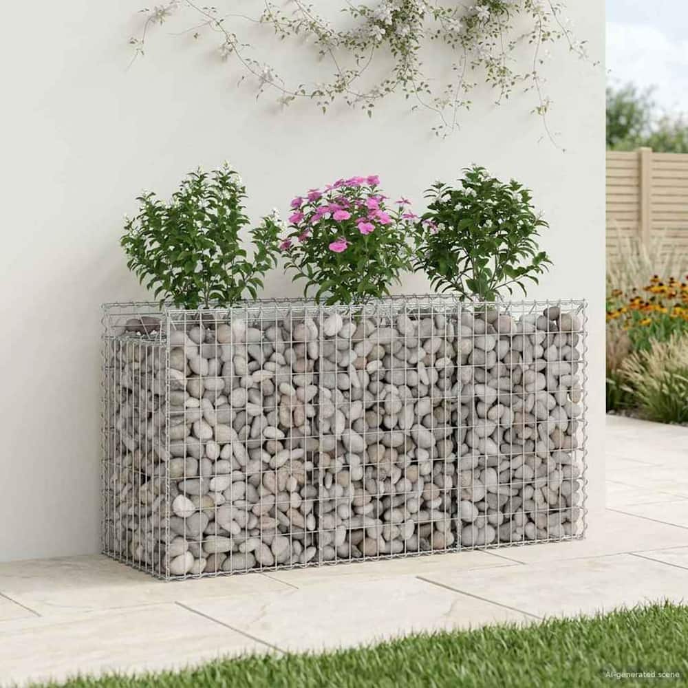 vidaXL Gabion Raised Bed Galvanised Steel Silver filled with stones and plants