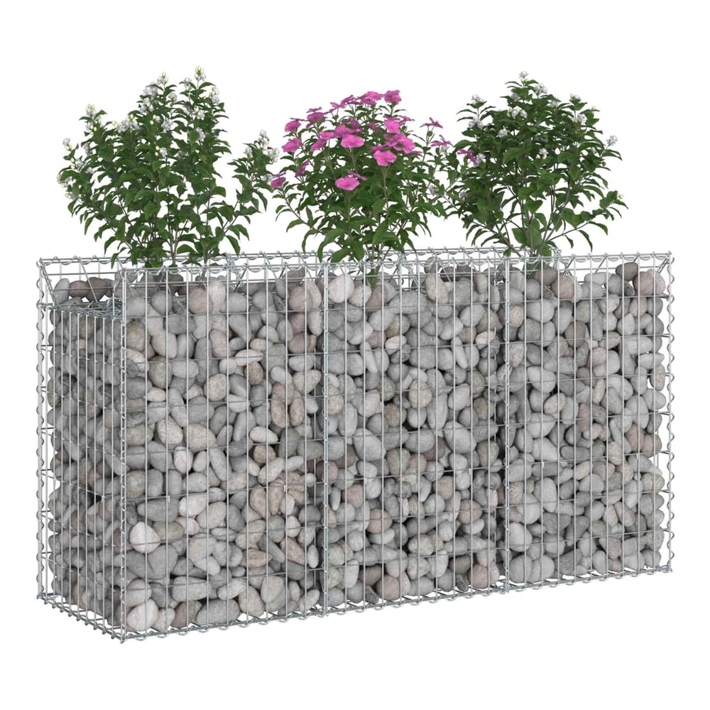 Three sections of a gabion raised garden bed filled with stones and plants