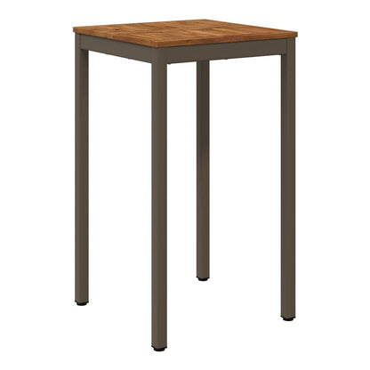 The outdoor bar table with a wooden top and metal frame