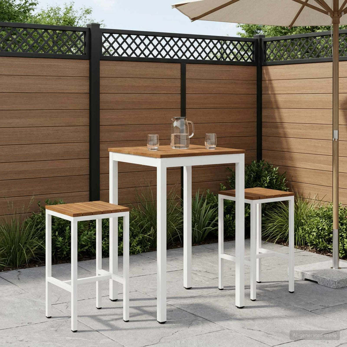 vidaXL Garden Bar Table NAARDEN Natural and White set with two bar stools outdoors