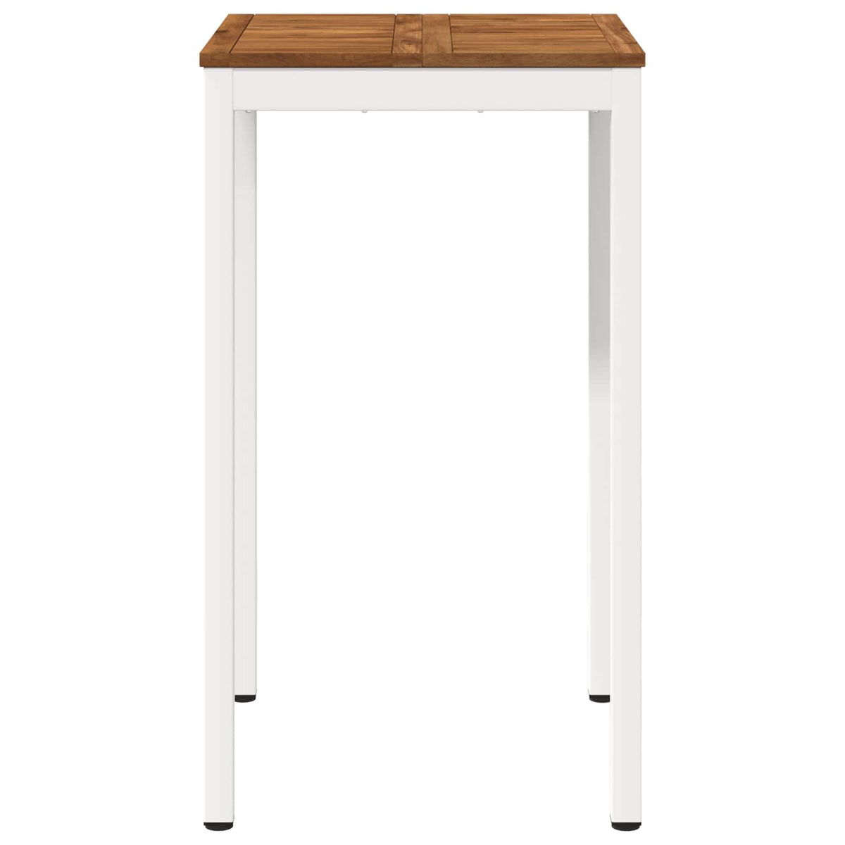 Side view of the outdoor bar table with a natural wood top and white frame