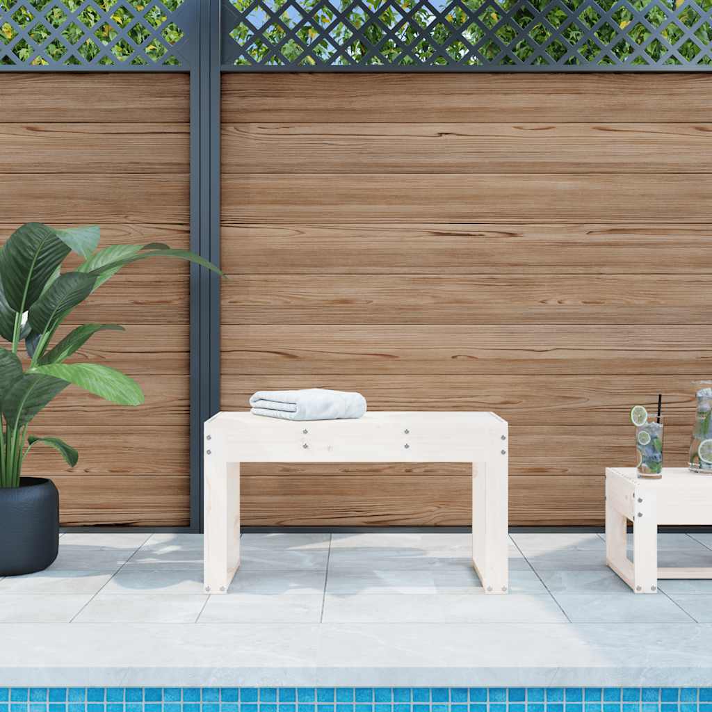vidaXL Garden Bench White Solid Wood Pine placed on a patio next to a swimming pool