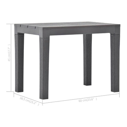 A mocca plastic garden bench with dimensions shown in cm and inches