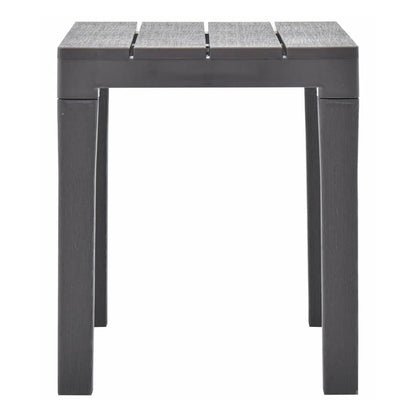 A single mocca plastic garden bench viewed from the side