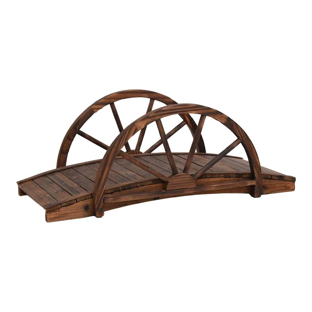 Wooden garden bridge with arched sides and a slatted walkway