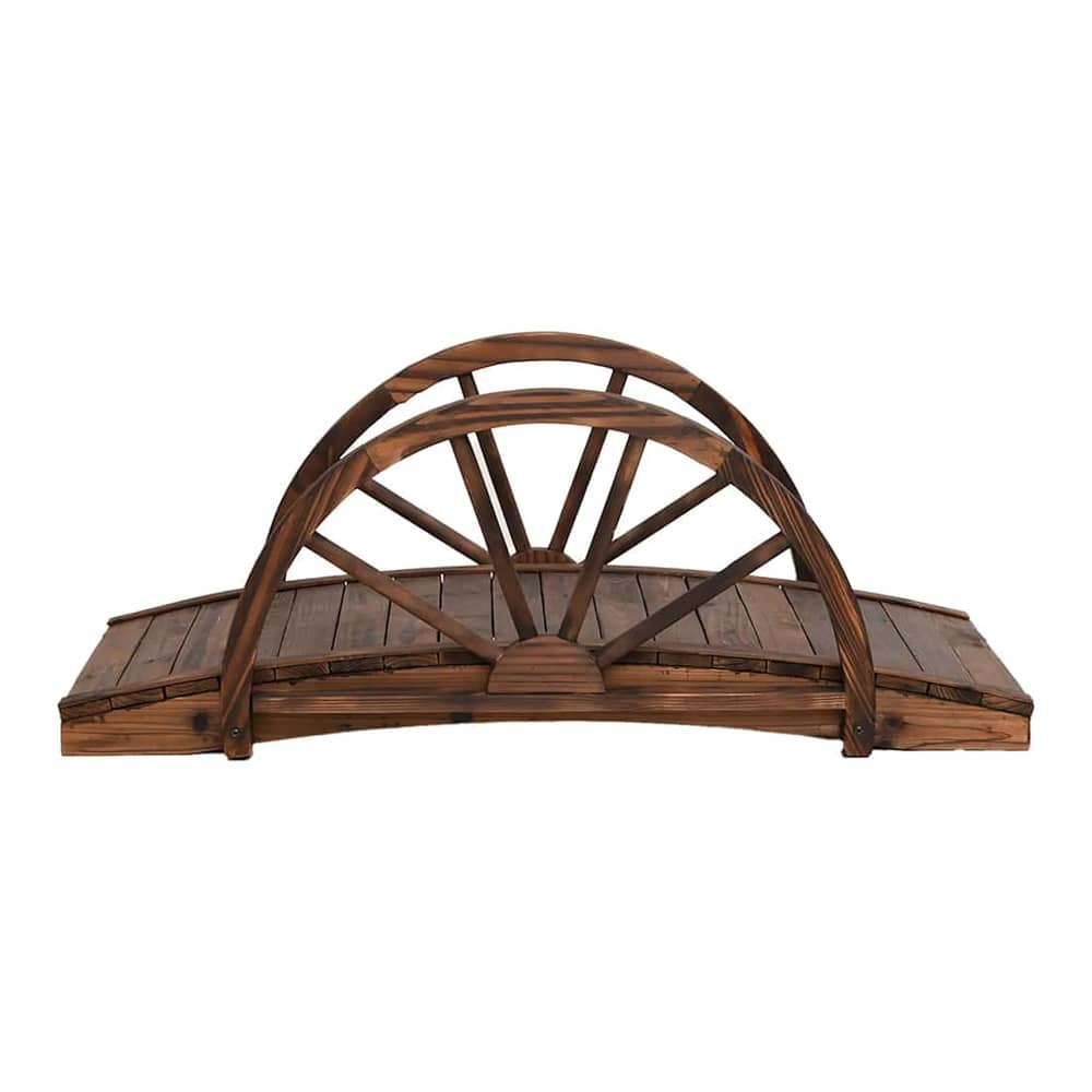 A dark wood garden bridge with decorative arched sides