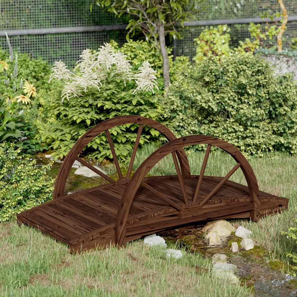 vidaXL Garden Bridge with Half-wheel Solid Wood Fir in a garden setting over a small stream