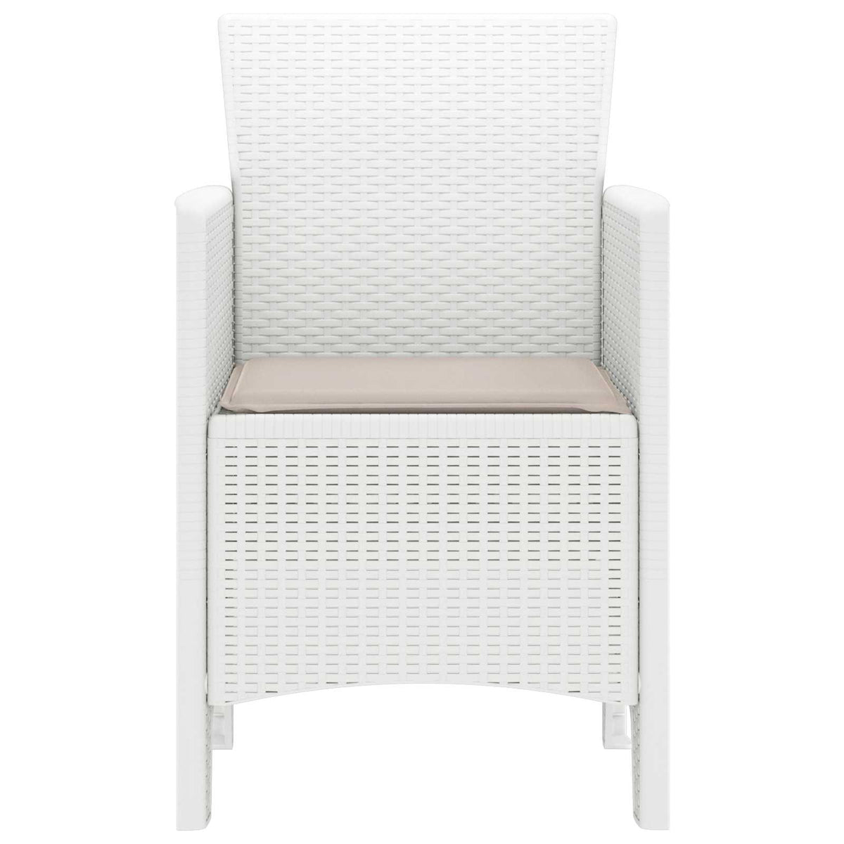 The outdoor chairs viewed directly from the front showing the seat cushion