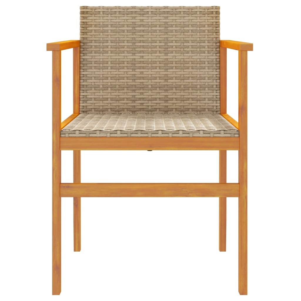 Front view of a beige poly rattan and solid wood garden chair