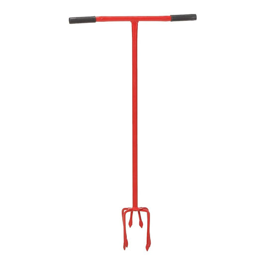 The red steel cultivating tool with a long handle and black grips