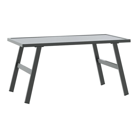 This outdoor table has a slatted top and angled legs