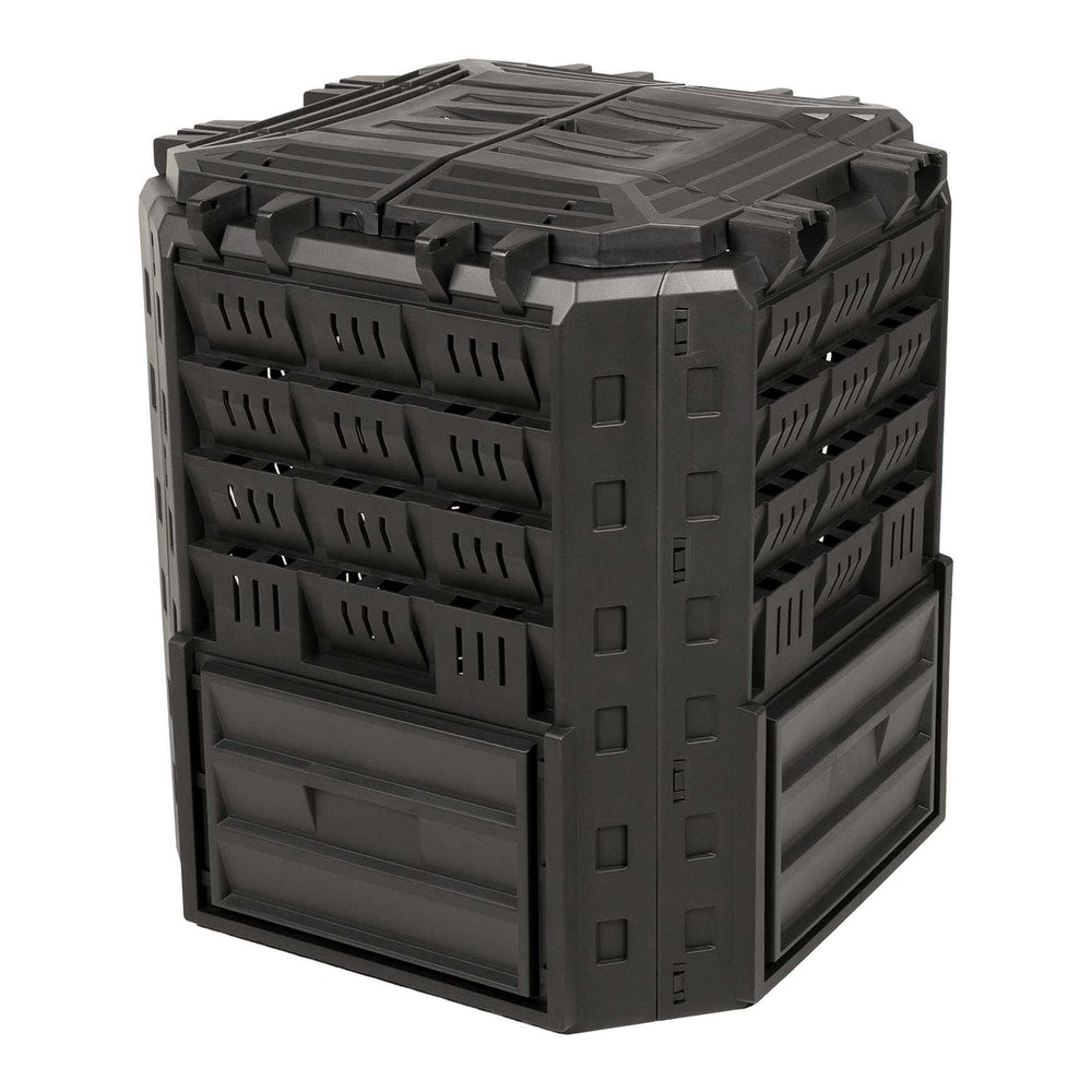 Black garden composter shown from a front three-quarter angle with the door closed