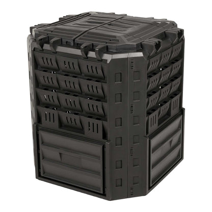 Black garden composter shown from a front three-quarter angle with the door closed