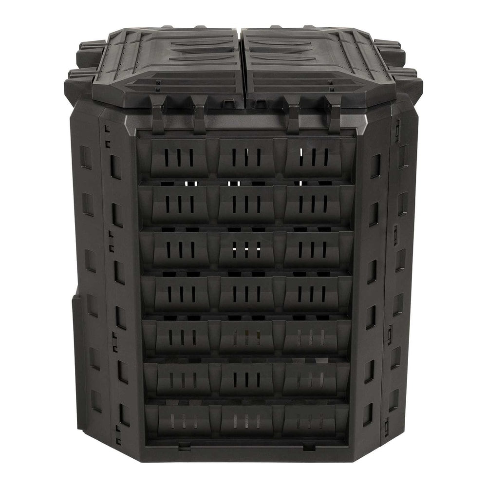 Black garden composter shown from a front angle with the door closed