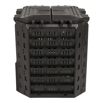 Black garden composter shown from a front angle with the door closed