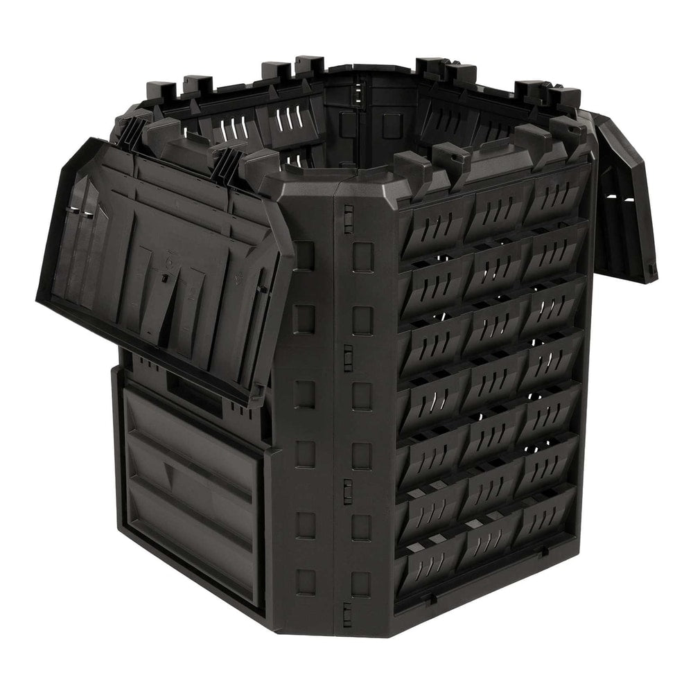 The black garden composter with its top lid open, showing the inside