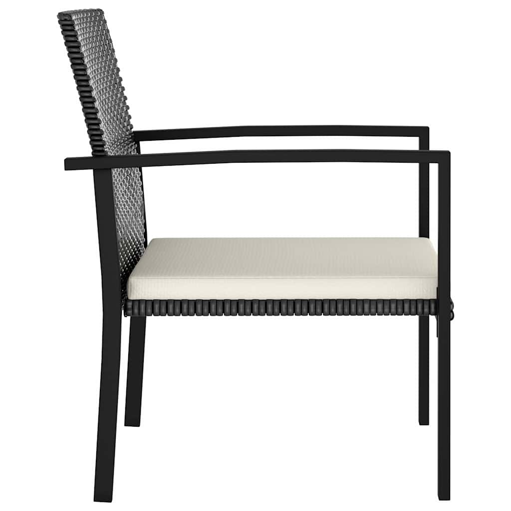 The outdoor chairs viewed from the side showing the armrest and the straight frame design
