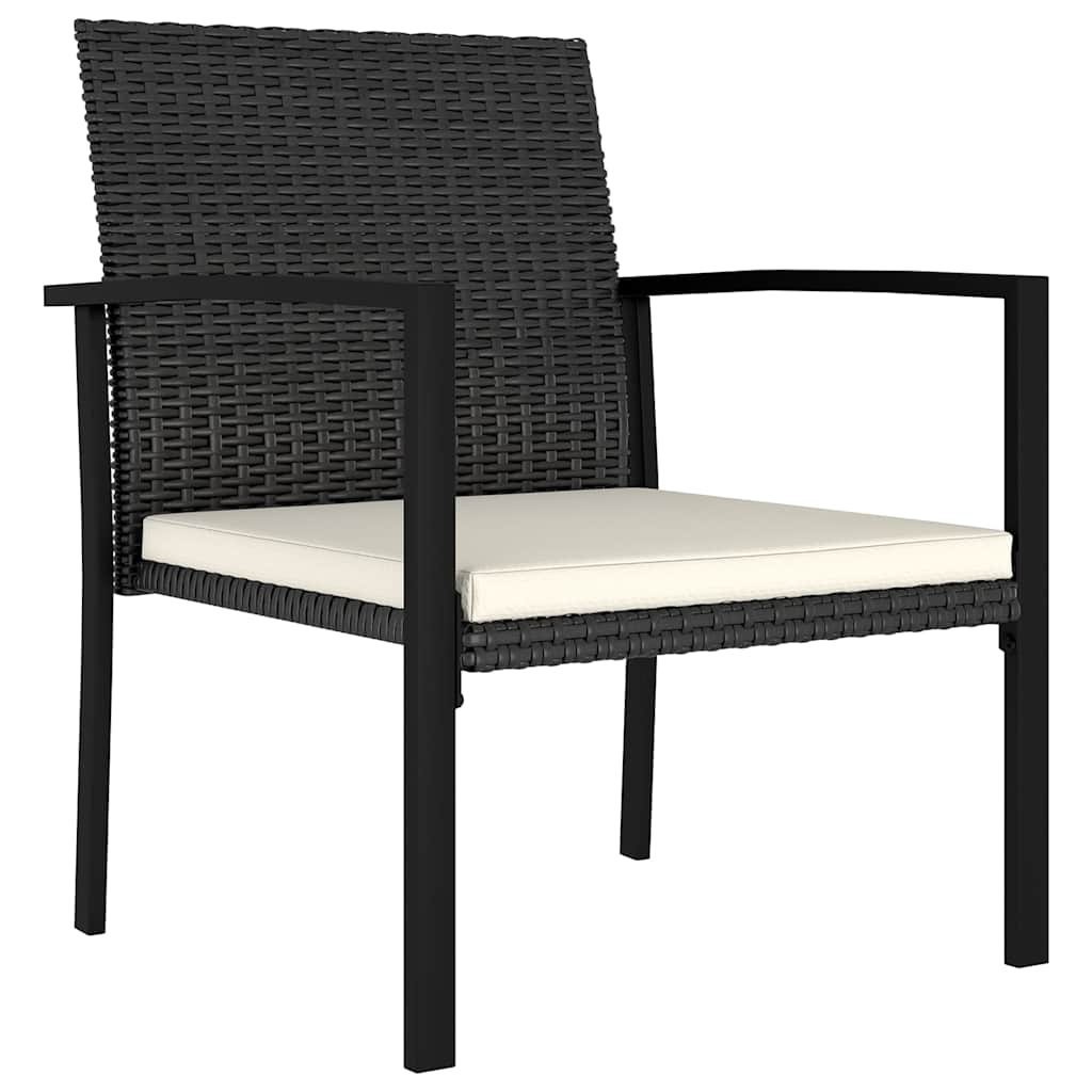 The outdoor chairs feature a woven black backrest and a comfortable cream seat cushion