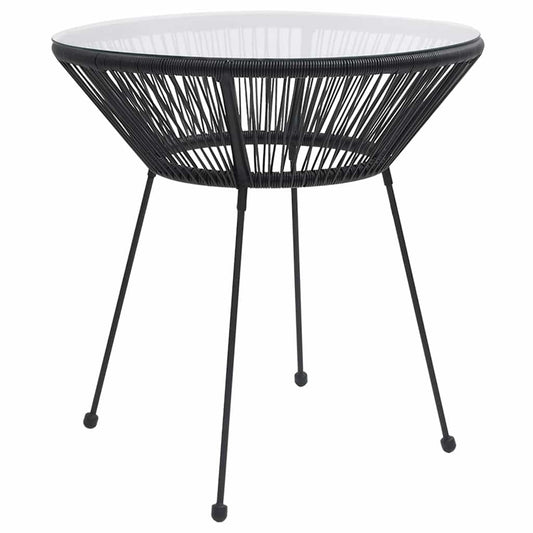 Garden Dining Table Black Rattan and Glass, a round table with black rattan sides and a white glass top, on black metal legs