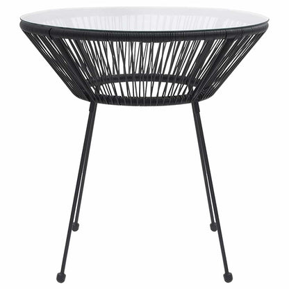 The outdoor table, a black rattan and glass round table with four black metal legs