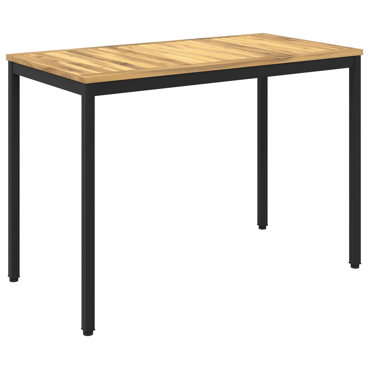 The garden dinner table has a slatted wooden top and black metal legs