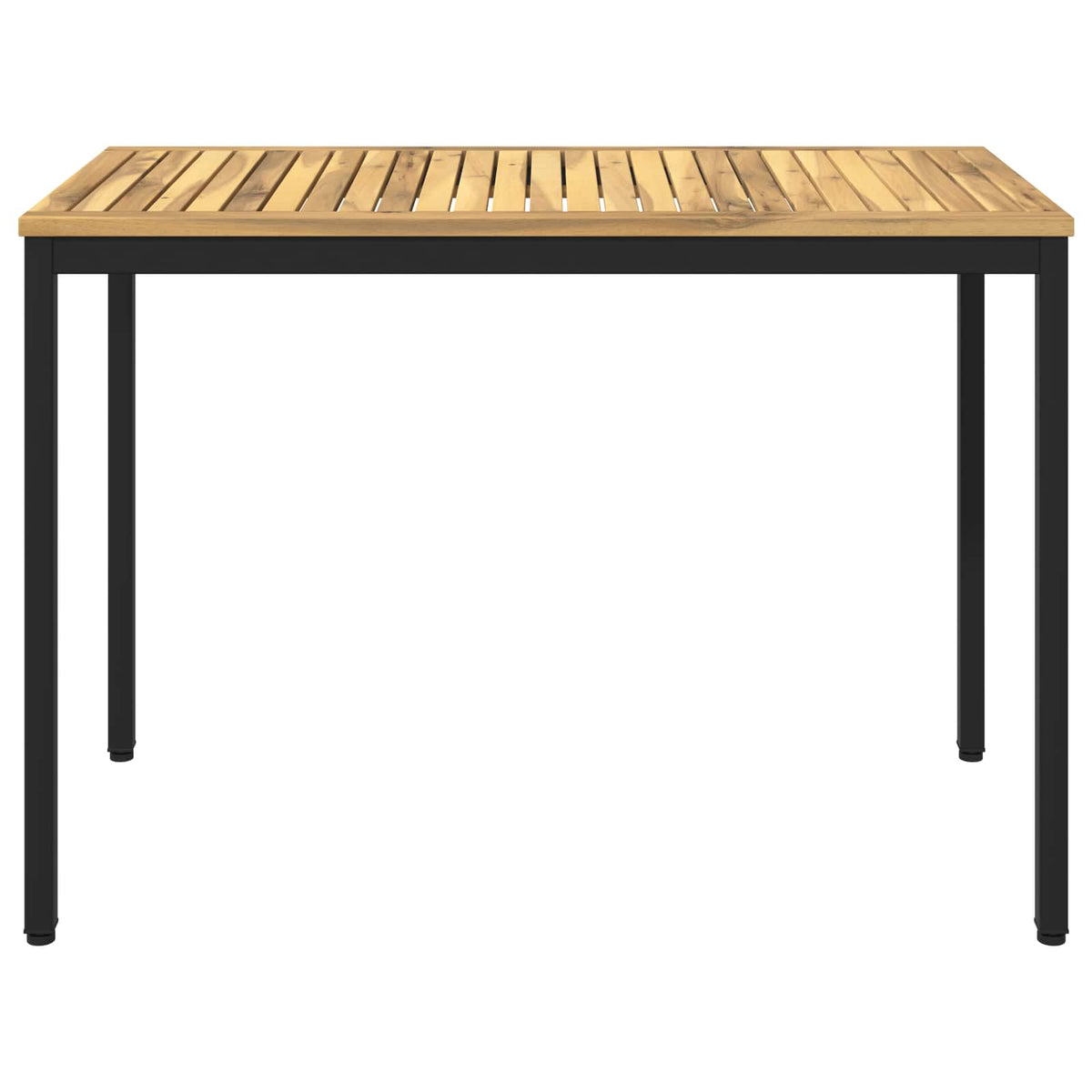 The outdoor table with a slatted wood surface and a black metal frame