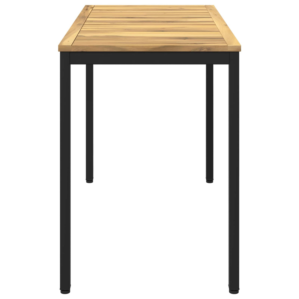 Side view of the white and black garden dining table with wooden slats