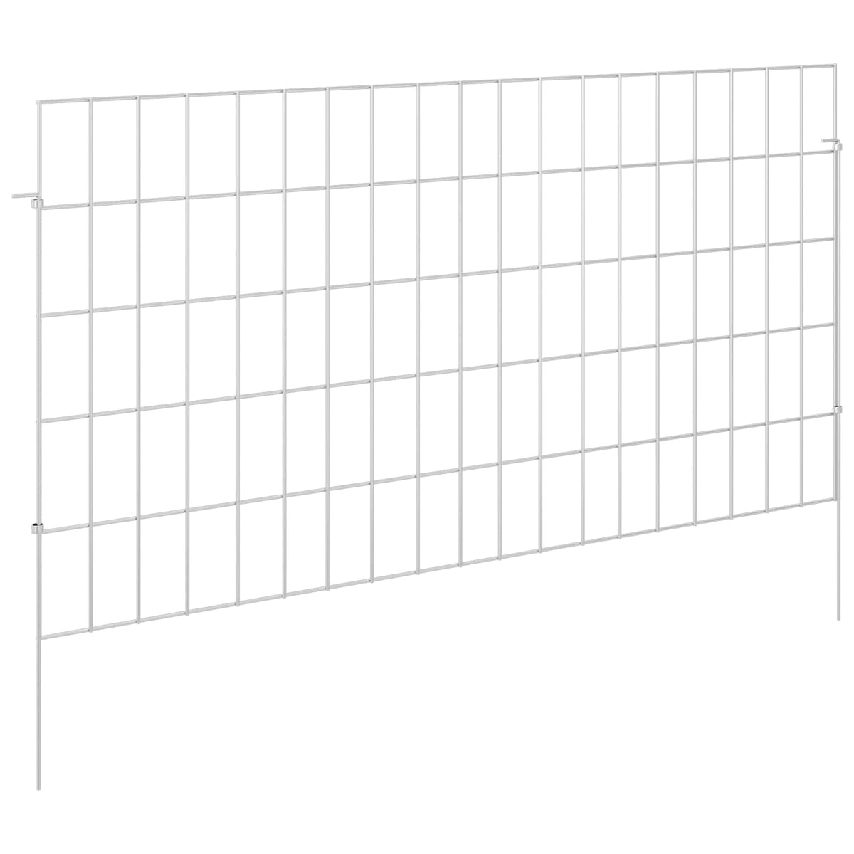 A single galvanised steel garden fence panel with stakes