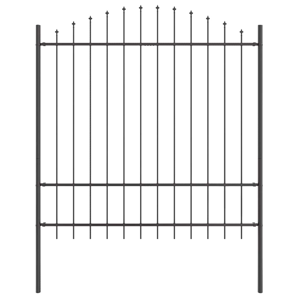 A single panel of the grey steel garden fence, showing its decorative top