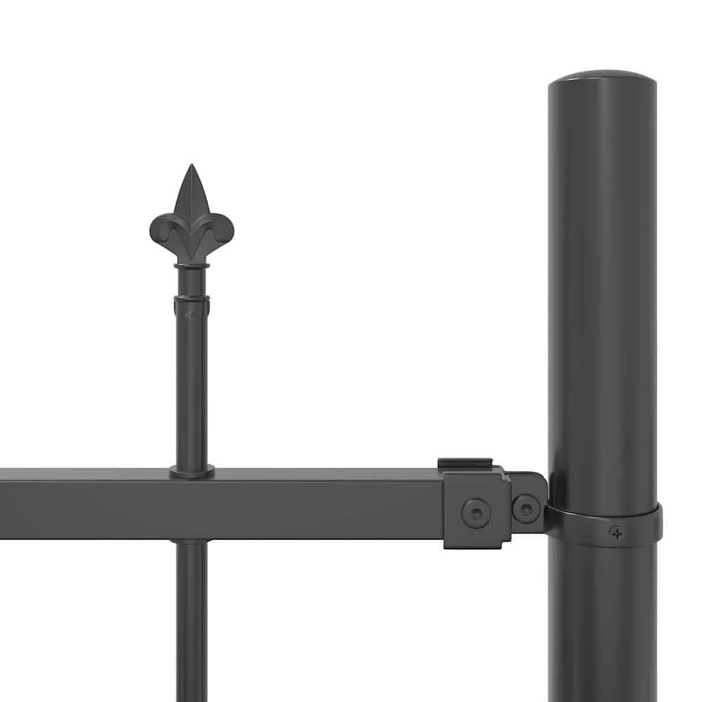 Close-up view of the grey steel garden fence panel and post connection