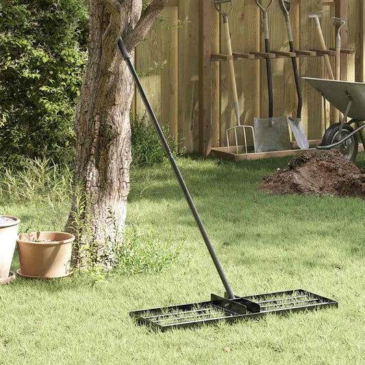 vidaXL Garden Leveling Rake Black Powder-Coated Steel on grass with garden tools in background