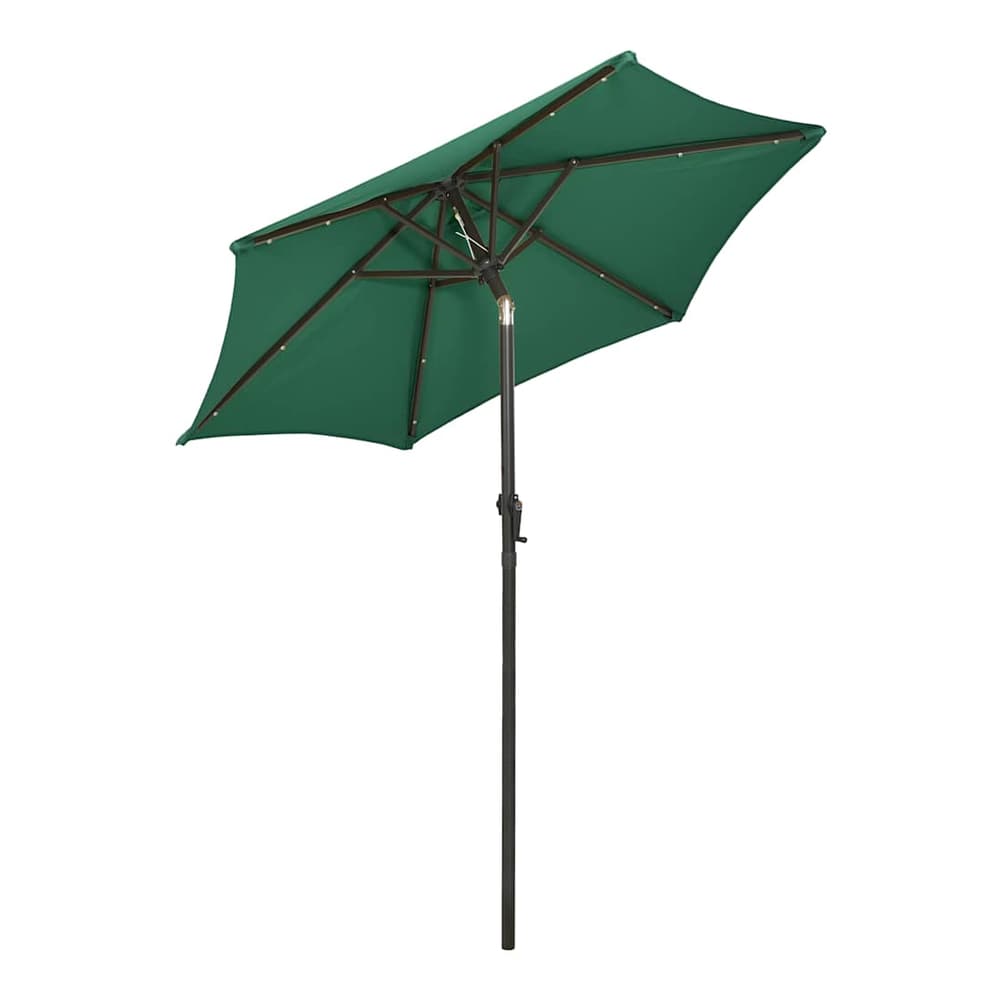A green garden parasol with LED lights, angled to show the canopy and frame