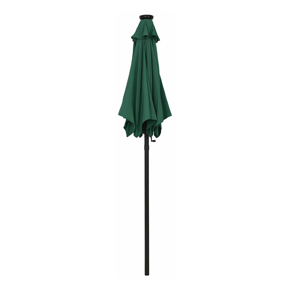 The green garden parasol with LED lights closed and folded up on its pole